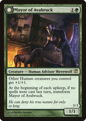 The image shows a rare Magic: The Gathering card from Innistrad featuring a character named Mayor of Avabruck // Howlpack Alpha [Innistrad]. The card is green and costs 1 green and 1 generic mana. It is a 1/1 human advisor werewolf. Its abilities boost other humans and it transforms if no spells were cast in the last turn.