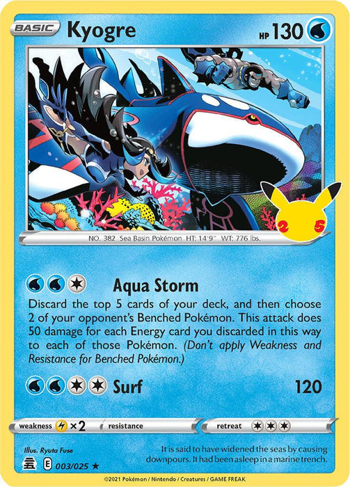 A Pokémon trading card featuring Kyogre, a large blue whale-like creature with red markings and fins. It has 130 HP and two moves: Aqua Storm and Surf. This Holo Rare card shows Kyogre swimming in the sea with a Pikachu symbol on the bottom right, celebrating the 25th Anniversary. Card number: Kyogre (003/025) [Celebrations: 25th Anniversary]. Brand: Pokémon.