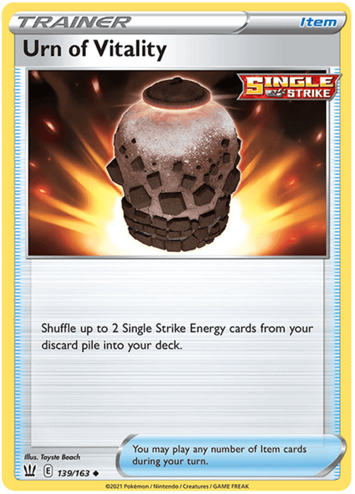 A Pokémon Trainer Item card named "Urn of Vitality (139/163) [Sword & Shield: Battle Styles]" from the Single Strike series in Battle Styles. The card art features a cracked, ancient urn with a glowing red aura, set against a fiery background. The Uncommon card text states: "Shuffle up to 2 Single Strike Energy cards from your discard pile into your deck.