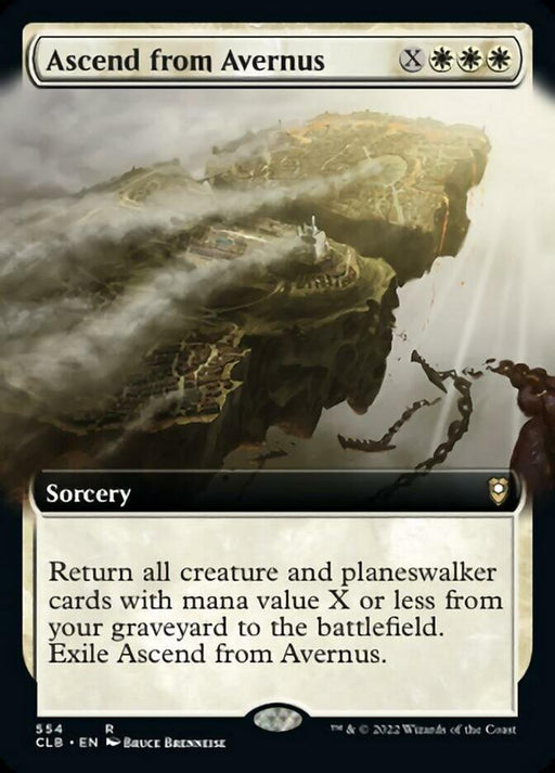 A Magic: The Gathering card titled "Ascend from Avernus (Extended Art) [Commander Legends: Battle for Baldur's Gate]," depicting a floating landmass with structures on it. From the set Commander Legends: Battle for Baldur's Gate, this white mana sorcery returns creature and planeswalker cards to the battlefield from the graveyard. The artwork features a rocky, magical terrain.