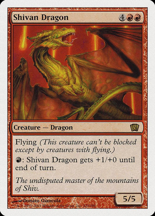 A rare Magic: The Gathering card named "Shivan Dragon [Eighth Edition]." It costs 4 generic mana and 2 red mana (4RR). This flying creature boasts a 5/5 power and toughness. The artwork features a dragon spewing fire with mountains in the background, complemented by text on its mastery and abilities.
