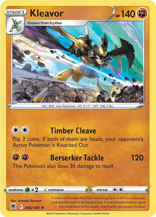 A Pokémon trading card for "Kleavor (086/189) [Sword & Shield: Astral Radiance]" from the Pokémon brand. This Holo Rare card has 140 HP, is a Stage 1 evolution from Scyther, and boasts two attacks: "Timber Cleave" and "Berserker Tackle." It lists weaknesses to grass and resistance to none. The Sword & Shield card features detailed artwork of Kleavor.