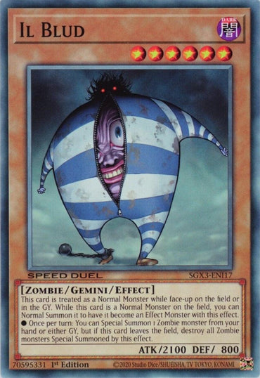 The Yu-Gi-Oh! card titled "Il Blud [SGX3-ENI17] Common" features a creepy, humanoid figure in a blue and white striped outfit with a large, round body and a long tongue. With its dark purple frame, this Zombie Gemini Monster showcases its stats (ATK/2100 DEF/800) and special traits for Speed Duel GX.