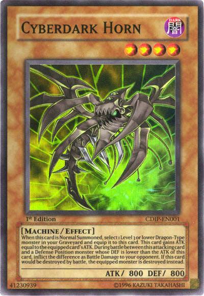 A "Yu-Gi-Oh!" trading card from the Cyberdark Impact series titled **Cyberdark Horn [CDIP-EN001] Super Rare** features a robotic, insect-like creature with a prominent horn and metallic claws against a green, lightning-filled background. This Super Rare effect monster card has orange borders with text detailing its stats: ATK 800 and DEF 800.