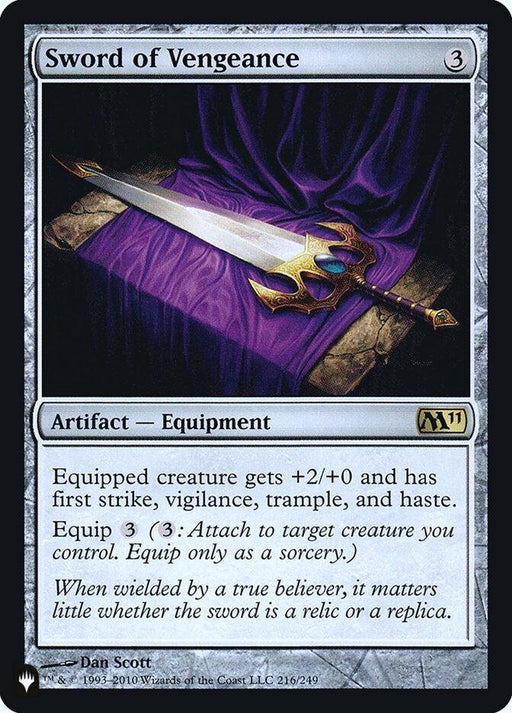 A Magic: The Gathering card titled "Sword of Vengeance [Secret Lair: Heads I Win, Tails You Lose]." The card costs 3 mana and is an artifact equipment. Equipped creature gets +2/+0 and has vigilance, first strike, trample, and haste. Equip for 3 mana. The image shows a sword with a golden hilt on a purple cloth from the Secret Lair series.