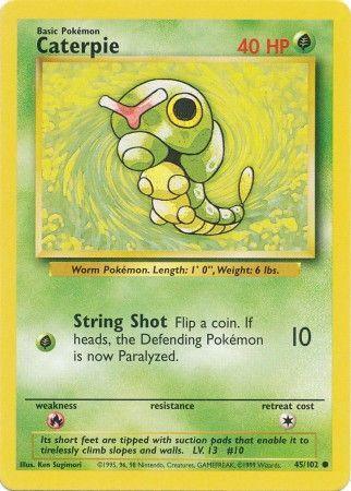 A Caterpie (45/102) [Base Set Unlimited] trading card from Pokémon. The card shows a green, worm-like creature with big eyes and a segmented body. As a Common Grass type, it has 40 HP and the move 