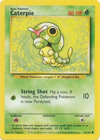 A Caterpie (45/102) [Base Set Unlimited] trading card from Pokémon. The card shows a green, worm-like creature with big eyes and a segmented body. As a Common Grass type, it has 40 HP and the move "String Shot" with an attack power of 10. The card is numbered 45/102 and includes Caterpie's weakness, resistance, and retreat cost information.