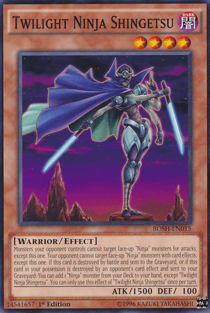 Twilight Ninja Shingetsu [BOSH-EN015] Common," an Effect Monster from the Yu-Gi-Oh! Breakers of Shadow series, depicts a ninja in dark, flowing robes wielding a sword radiating purple energy. Set against a mountainous landscape under a twilight sky, this Yu-Gi-Oh! trading card boasts ATK 1500 and DEF 100, with detailed card effects.