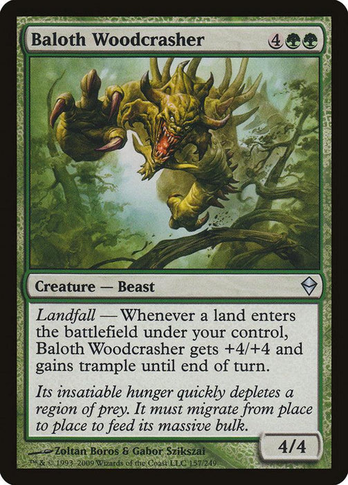 A Magic: The Gathering product named "Baloth Woodcrasher [Zendikar]." This green-bordered card features an illustration of a large, snarling beast mid-air with multiple limbs and extended claws. Its Landfall ability grants +4/+4 and trample until end of turn.