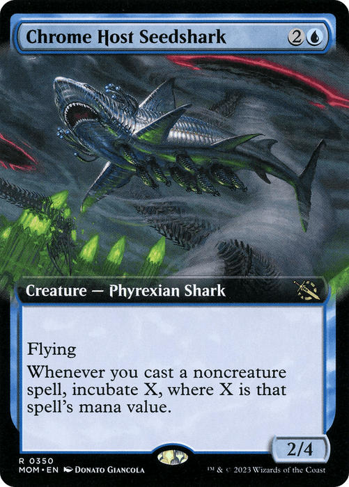 A Magic: The Gathering card named "Chrome Host Seedshark (Extended Art) [March of the Machine]." The illustration depicts a mechanical, Phyrexian shark swimming through a dark, stormy atmosphere with dark green clouds and lightning. This rare creature card features a blue border and the text box contains the creature's abilities and stats, including incubate mechanics.