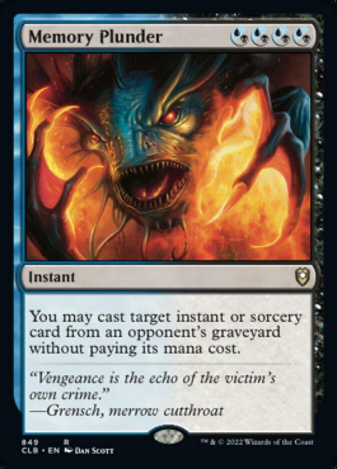 The image shows a Magic: The Gathering card named "Memory Plunder [Commander Legends: Battle for Baldur's Gate]." It features a monstrous creature with a fiery expression, glowing eyes, and blue and orange flames emanating from its mouth. As an instant card, it allows players to cast an opponent's instant or sorcery card without paying its mana cost.