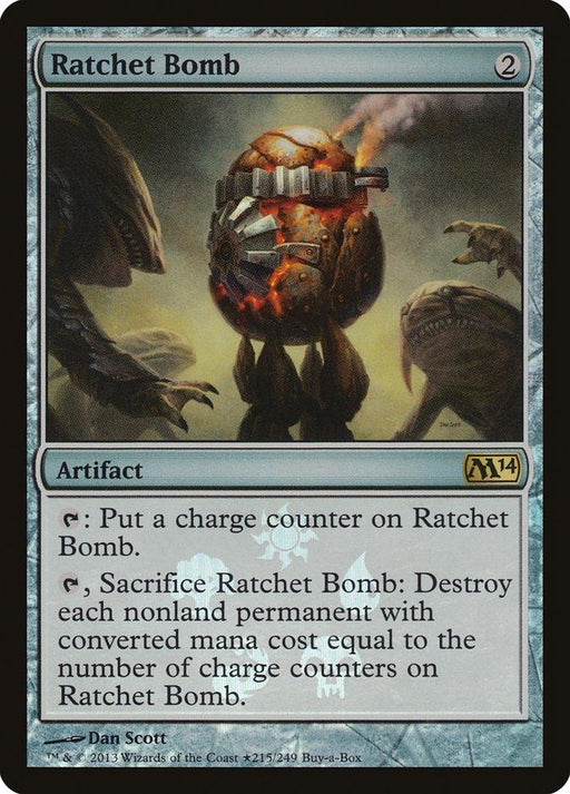 The Magic: The Gathering card "Ratchet Bomb (Buy-A-Box) [Magic 2014 Promos]," featured as part of the Magic 2014 Promos, depicts a mechanical, spherical bomb surrounded by menacing creatures. As an artifact, it has two abilities: placing charge counters on it and sacrificing it to destroy nonland permanents with a mana cost equal to the counters.