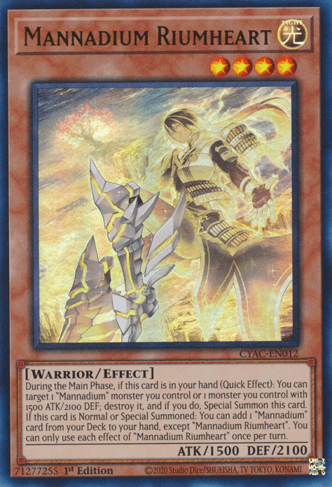 The image is a Yu-Gi-Oh! trading card called "Mannadium Riumheart [CYAC-EN012] Ultra Rare," an Effect Monster from the Cyberstorm Access series. The card features a glowing warrior with ornate armor and wings, wielding a large, futuristic sword. It has four stars, 1500 attack points, and 2100 defense points, with detailed effect text displayed.