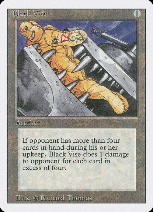 A Magic: The Gathering playing card from the Revised Edition titled "Black Vise [Revised Edition]" features an orange, doll-like creature trapped in a large metal vise with serrated teeth. The card text reads: "If opponent has more than four cards in hand during their upkeep, Black Vise does 1 damage for each excess card." This Artifact is illustrated by Richard Thomas and marked with the number "1.