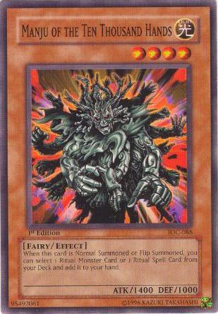 Image of the Yu-Gi-Oh! trading card "Manju of the Ten Thousand Hands [IOC-088] Common" from Invasion of Chaos. This 1st Edition Effect Monster, card number IOC-088, features a multi-armed creature with glowing symbols on its hands. With 1400 ATK and 1000 DEF, its effect lets players add a Ritual Monster or Ritual Spell Card to their hand.