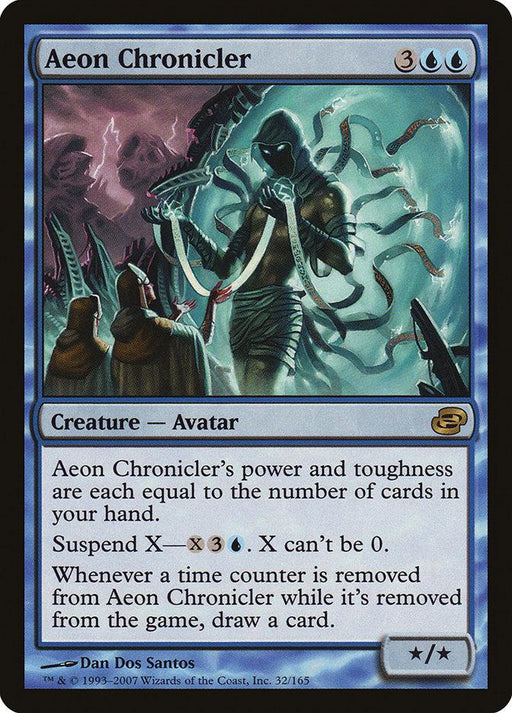 A blue magic card from Magic: The Gathering named Aeon Chronicler [Planar Chaos] depicts a dark, hooded Creature Avatar surrounded by ghostly, spectral chains. The figure stands before cloaked individuals. The card text details its abilities and stats, with art by Dan Dos Santos.