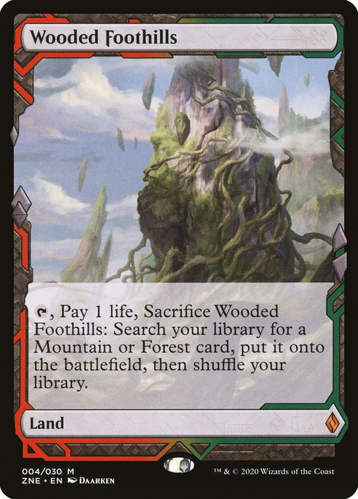 A Magic: The Gathering card titled "Wooded Foothills (Expeditions) [Zendikar Rising Expeditions]." Part of the Zendikar Rising Expeditions, it shows a floating rocky terrain with trees and vegetation. The card details are: "Land - Pay 1 life, Sacrifice Wooded Foothills (Expeditions) [Zendikar Rising Expeditions]: Search your library for a Mountain or Forest card, put it onto the battlefield, then shuffle your library.