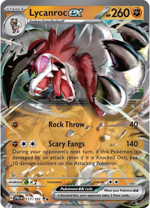 A Double Rare Pokémon card featuring Lycanroc ex (117/193) [Scarlet & Violet: Paldea Evolved], a rock-type Pokémon from the Pokémon brand. Lycanroc is depicted in a dynamic fighting pose. The card shows 260 HP, Rock Throw attack inflicting 40 damage, and Scary Fangs attack inflicting 140 damage. It is number 177/193 from the "Scarlet & Violet: Paldea Evolved" series.