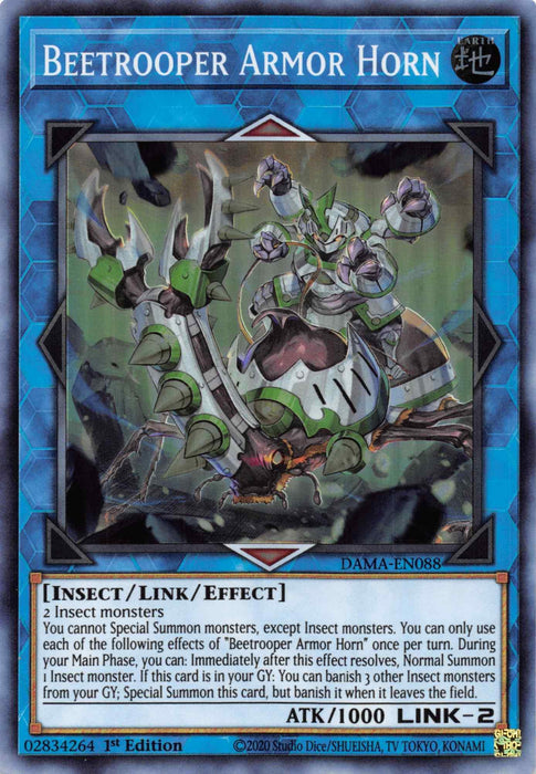 The Dawn of Majesty set features the remarkable "Beetrooper Armor Horn [DAMA-EN088] Super Rare," a Link monster card. This mechanical insect, equipped with green armor and a formidable spear, boasts 1000 ATK and 2 Link Arrows positioned at the left and bottom. The effect text is also prominently displayed.