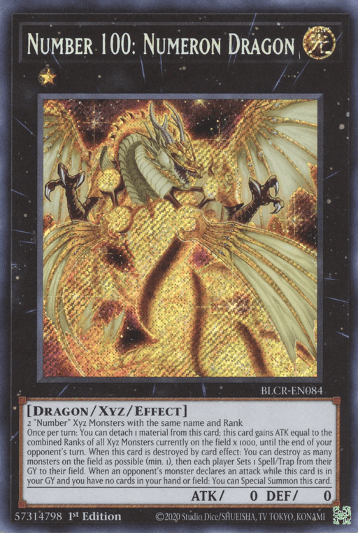 The image showcases a Yu-Gi-Oh! Secret Rare trading card named "Number 100: Numeron Dragon [BLCR-EN084]." This Xyz/Effect Monster features an illustration of a dragon composed of glowing particles set against a starry background. The card appears in the Battles of Legend: Crystal Revenge set, with an ATK and DEF of 0.
