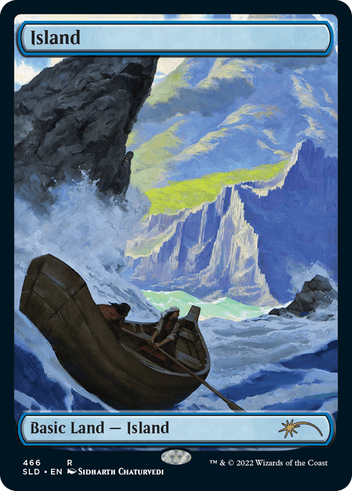 A Magic: The Gathering card titled "Island (466) [Secret Lair Drop Series]" from the Magic: The Gathering depicts a small wooden boat tossing violently in crashing ocean waves between towering dark rock faces. Bright sunlight illuminates distant, jagged mountains under a clear blue sky. The card's artist is Sidharth Chaturvedi.