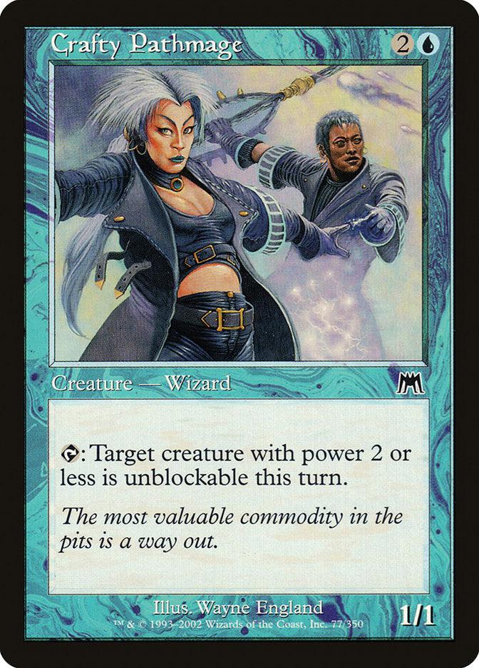 A Magic: The Gathering card, Crafty Pathmage [Onslaught], showcases a white-haired Human Wizard dressed in blue and black attire, casting a spell against a blue border. Requiring 2 colorless and 1 blue mana to cast, this card has power/toughness of 1/1 and can render a creature with power 2 or less unblockable for a turn.