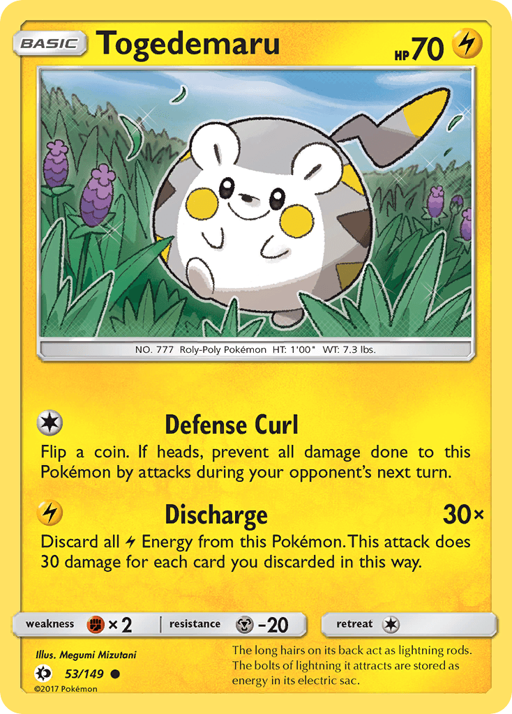 A Pokémon Togedemaru (53/149) [Sun & Moon: Base Set] card features Togedemaru, a small round creature with a yellow face, white body, and gray back with Lightning-like yellow markings. Togedemaru is depicted in a grassy field. The card shows it has 70 HP and includes the attacks 