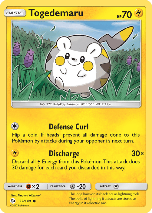 A Pokémon Togedemaru (53/149) [Sun & Moon: Base Set] card features Togedemaru, a small round creature with a yellow face, white body, and gray back with Lightning-like yellow markings. Togedemaru is depicted in a grassy field. The card shows it has 70 HP and includes the attacks "Defense Curl" and "Discharge." The illustration is by Megumi Mizutani.