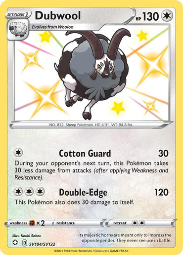 A Pokémon Dubwool (SV104/SV122) [Sword & Shield: Shining Fates] card from the Shining Fates collection featuring Dubwool, an illustrated sheep-like creature with curled horns, a fluffy white coat, and an intense gaze. This Ultra Rare card has 130 HP and two abilities: Cotton Guard and Double-Edge. The background is a gradient of yellow to white with decorative stars.