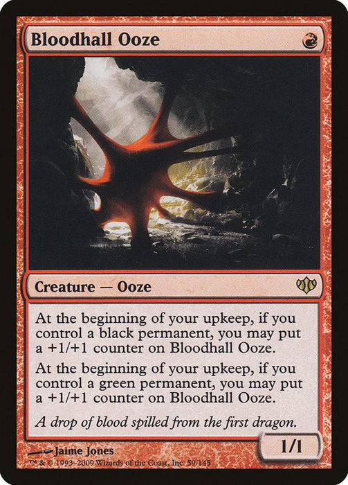 A Magic: The Gathering card titled "Bloodhall Ooze [Conflux]" is a rare creature ooze with a red border. Its artwork showcases an ooze, and it gains +1/+1 counters at the beginning of your upkeep if you control a black or green permanent. Power/toughness: 1/1.
