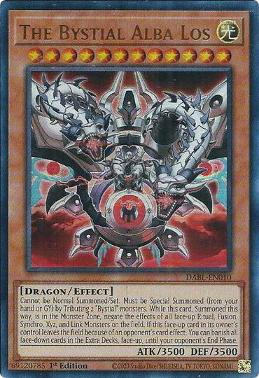 The Bystial Alba Los [DABL-EN010] Ultra Rare Yu-Gi-Oh! trading card is an Effect Monster featuring a dragon-like creature in elaborate black and red armor. With mechanical aspects, including metallic wings and sharp weaponry, it stands against a dark, fiery background. From the Darkwing Blast set, it boasts ATK 3500 and DEF 3500 with detailed effect text.