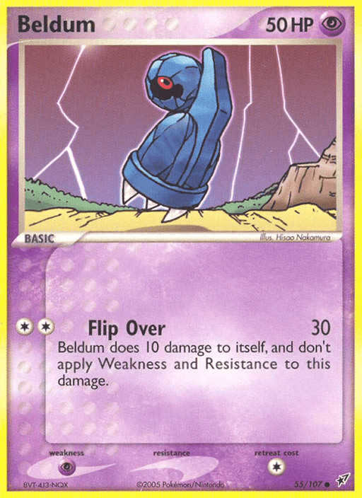 The image shows a Pokémon trading card for Beldum (55/107) [EX: Deoxys]. Beldum, from the EX: Deoxys series, is depicted as a blue, robotic creature with a single red eye, surrounded by lightning in a mountainous landscape. The card has 50 HP and features the move "Flip Over," which deals 30 damage but also harms Beldum by 10.
