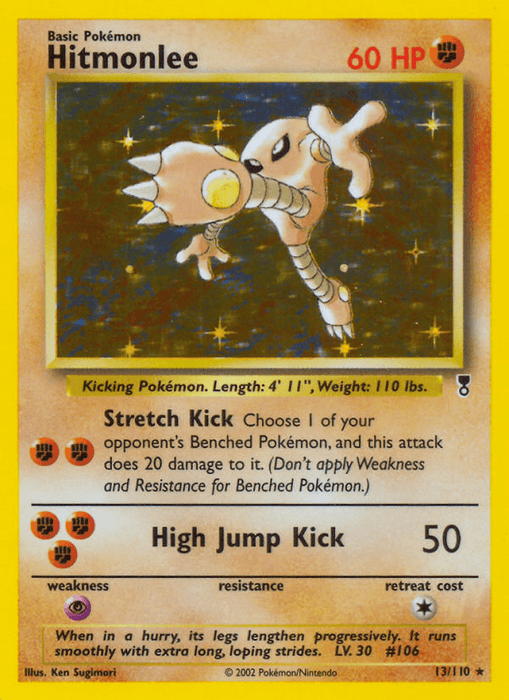 The Hitmonlee (13/110) [Legendary Collection] Pokémon trading card features Hitmonlee in a dynamic, fighting pose with extended legs. This Holo Rare card highlights stats such as 60 HP, height of 4'11", and weight of 110 lbs. It lists the moves Stretch Kick and High Jump Kick, along with its weakness, resistance, and retreat cost at the bottom.