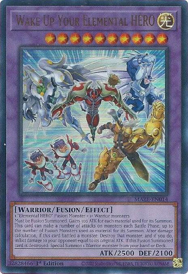 A Yu-Gi-Oh! card titled "Wake Up Your Elemental HERO [MAZE-EN014] Ultra Rare" depicts a powerful Fusion Monster with vibrant artwork. Surrounded by various Elemental HERO characters, the main warrior wears gold and silver armor, holding a shield and a sword. This Ultra Rare card features detailed descriptions and stats.