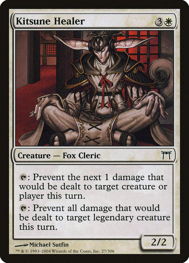 The Magic: The Gathering card "Kitsune Healer [Champions of Kamigawa]" features a Fox Cleric in meditative robes, sitting cross-legged in a traditional Japanese room. The card, illustrated by Michael Sutfin, has a mana cost of 3W and stats of 2 power and 2 toughness. It includes two abilities that allow you to prevent damage to creatures or legendary creatures.