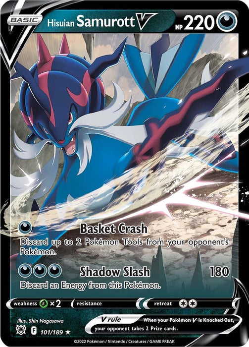 A Pokémon Hisuian Samurott V (101/189) [Sword & Shield: Astral Radiance] with 220 HP from the Astral Radiance set. The card features an image of Hisuian Samurott, a blue and white Pokémon wielding a sharp blade. It has two moves: Basket Crash and Shadow Slash, which deals 180 damage. This Ultra Rare card is marked 101/189 and illustrated by Shin Nagas