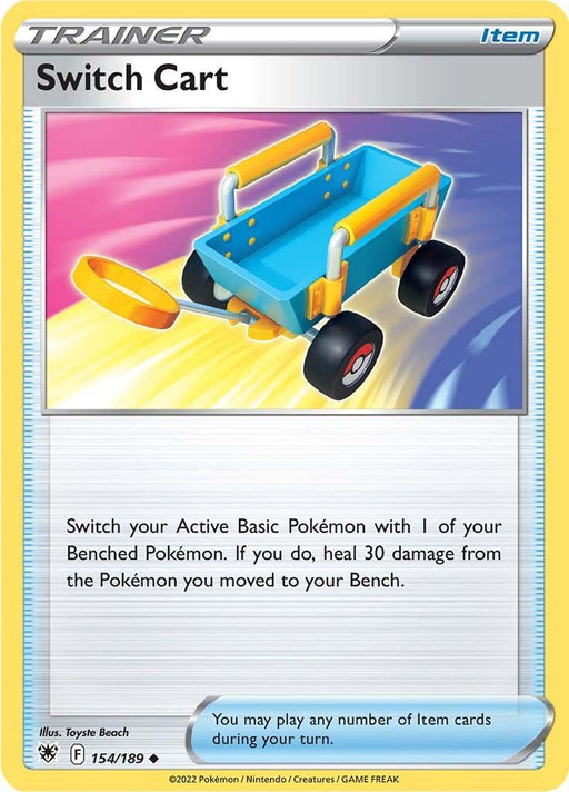 A Pokémon Switch Cart (154/189) [Sword & Shield: Astral Radiance] from the Pokémon set. This Uncommon Item card features an illustration of a blue and yellow wagon with red wheels on a multicolored background. Card 154/189, it allows you to switch your Active Basic Pokémon with a Benched one and heal 30 damage from the moved Pokémon.