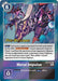 A Digimon card titled "Metal Impulse [BT9-107] [X Record Pre-Release Promos]" with a purple background showcases a dragon-like creature in mechanical armor preparing an attack. This pre-release promo costs 6 and features a main effect to remove up to 3 cards from the top of a Digimon and de-digivolve it, along with a security effect.