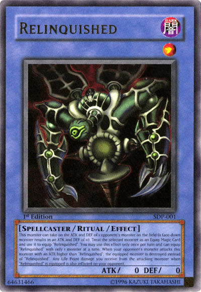 A "Relinquished [SDP-001] Ultra Rare" from Yu-Gi-Oh! featuring an eerie, dark creature with large, glowing green eyes and insect-like limbs set against a dark background. This 1st Edition Ultra Rare Ritual/Effect Monster card from the Starter Deck: Pegasus has the identification code SDP-001 at the bottom right. Its ATK and DEF values are both 0.