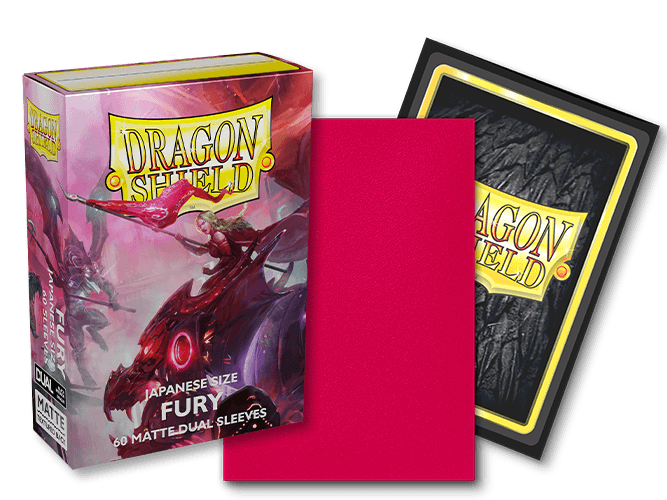 A Dragon Shield Dual Matte Japanese-size 60ct sleeve box titled "Fury" by Arcane Tinmen is upright with dragon and warrior artwork. An open pack displays a vibrant red sleeve, while another shows the Dragon Shield logo on textured black, highlighting their opaque quality.