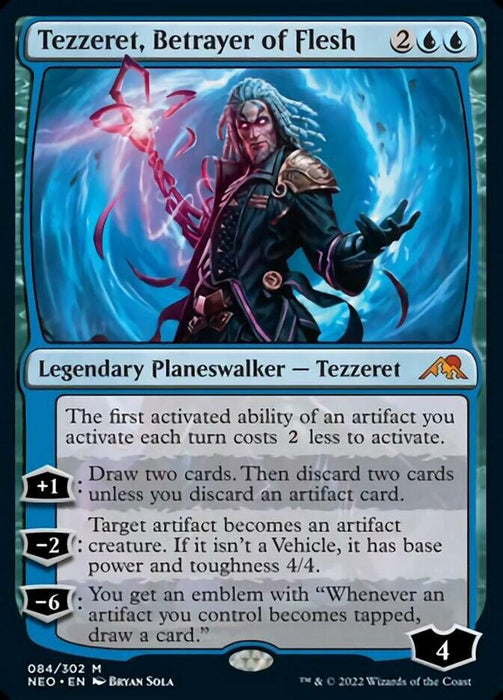 Image of a *Magic: The Gathering* card titled "Tezzeret, Betrayer of Flesh [Kamigawa: Neon Dynasty]". It costs 2 colorless and 2 blue mana, features a mythic legendary planeswalker named Tezzeret with 4 loyalty points. The card displays three abilities and artwork by Bryan Sola of a male figure with long hair and