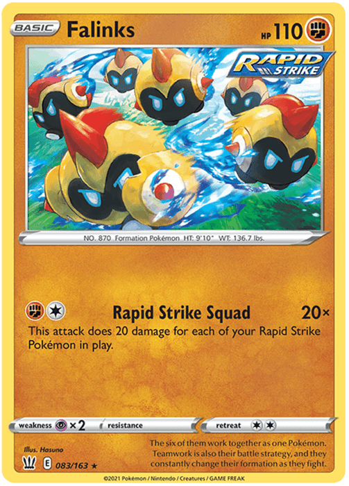 A Pokémon card featuring Falinks (083/163) [Sword & Shield: Battle Styles] with 110 HP, part of the Battle Styles set. The card displays five Falinks in a formation march. It's a Rapid Strike card with an attack named "Rapid Strike Squad," dealing 20 damage per Falinks in play. Illustrated by Illus. Hasuno and numbered 083/163, from the Sword & Shield series, under the Pokémon brand.