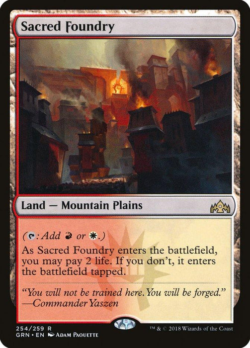 A Rare Land card from the Guilds of Ravnica set, "Sacred Foundry [Guilds of Ravnica]" by Magic: The Gathering features artwork depicting a fiery foundry with towering metal structures and molten rivers. As a land card with both Mountain and Plains types, it includes Commander Yaszen's quote: "You will not be trained here. You will be forged.