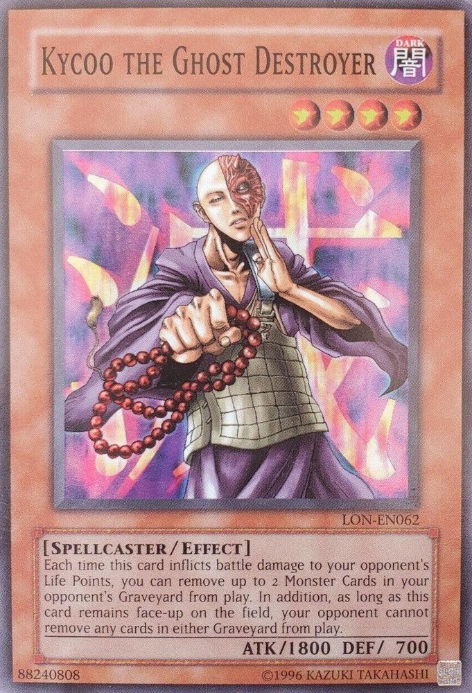 The Kycoo the Ghost Destroyer [LON-EN062] Super Rare from Yu-Gi-Oh!'s Labyrinth of Nightmare collection is an Effect Monster card depicting a bald man in a purple martial arts outfit with beads around his neck, a glowing third eye on his forehead, and dark shadowy hands. The card boasts 1800 ATK and 700 DEF.