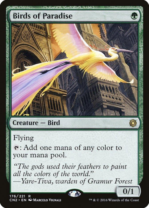 A Magic: The Gathering card titled "Birds of Paradise [Conspiracy: Take the Crown]." It features an illustration of a vibrant, multicolored bird in flight over a cityscape. This rare card's text describes its abilities: flying and the ability to add one mana of any color to your mana pool. Power: 0, Toughness: 1.