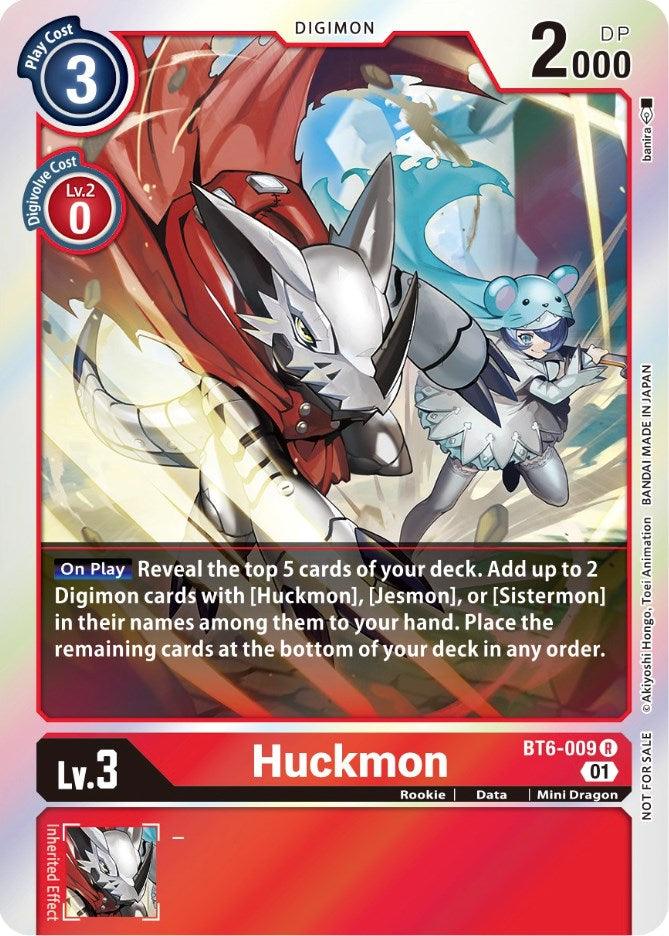 A Digimon trading card from the Double Diamond Promos series featuring Huckmon [BT6-009] (Event Pack 3) [Double Diamond Promos], Level 3, with 2000 DP. The card's effect reveals the top 5 cards of your deck to add up to 2 Digimon cards with Huckmon, Jesmon, or Sistermon in their names. It has a red frame and intricate artwork, including a secondary profile.