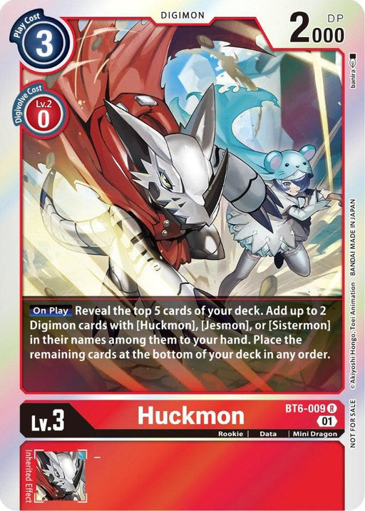 A Digimon trading card from the Double Diamond Promos series featuring Huckmon [BT6-009] (Event Pack 3) [Double Diamond Promos], Level 3, with 2000 DP. The card's effect reveals the top 5 cards of your deck to add up to 2 Digimon cards with Huckmon, Jesmon, or Sistermon in their names. It has a red frame and intricate artwork, including a secondary profile.