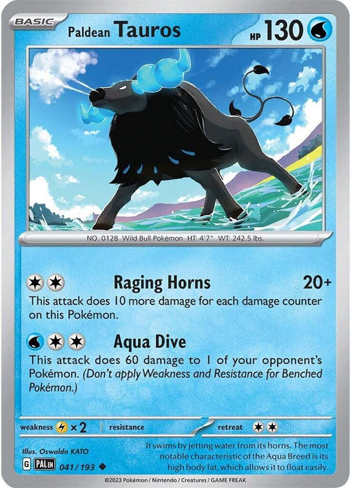 Image of a Pokémon trading card featuring Paldean Tauros from the Scarlet & Violet series, titled "Paldean Tauros (041/193) [Scarlet & Violet: Paldea Evolved]." The Water Type card has 130 HP, is labeled as #0128 Wild Bull Pokémon, with a height of 4'7" and weight of 242.5 lbs. Moves include "Raging Horns" and "Aqua Dive." The card features a silver border and shows Tauros with blue horns charging across.