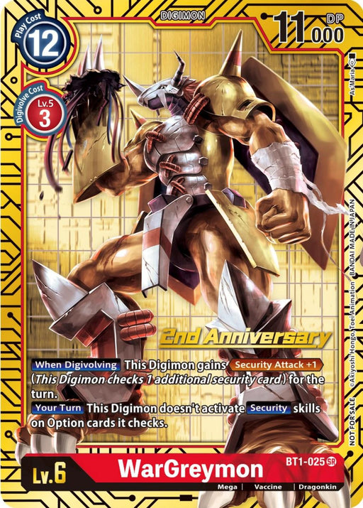 A trading card featuring Digimon WarGreymon, from the 2nd Anniversary Card Set of Release Special Booster Promos. The WarGreymon [BT1-025] card showcases WarGreymon, a powerful, armored Dragonkin humanoid, standing in an imposing pose. This Super Rare card has attributes such as Play Cost 12, DP 11000, Level 6, and includes specific effects for gameplay. "End Anniversary" is seen at the center.