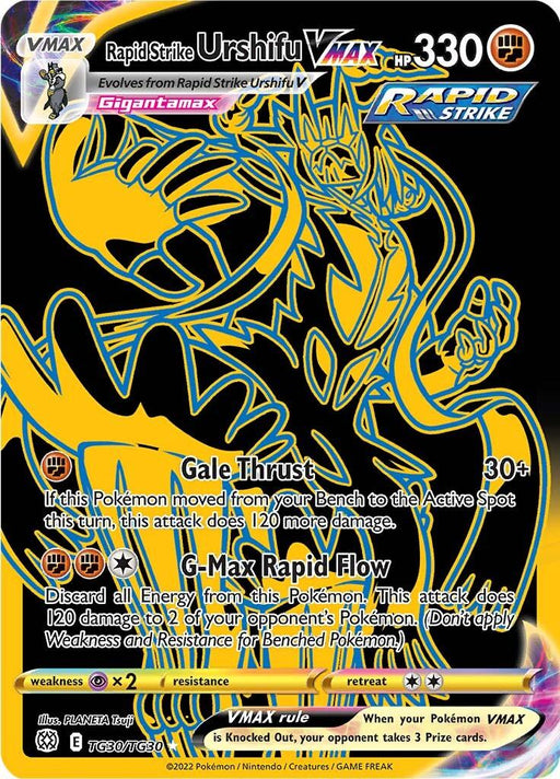 A Pokémon card for "Rapid Strike Urshifu VMAX (TG30/TG30) [Sword & Shield: Brilliant Stars]" from the Pokémon Brilliant Stars set. It features a stylized, neon-outline design of Urshifu in blue and yellow. As a Secret Rare, it details moves like "Gale Thrust" and "G-Max Rapid Flow." With 330 HP, this Fighting-type card includes logos, set numbers, and other standard features.
